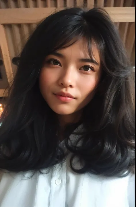 Young girl with long silver hair and girlish face posing for a picture in a Japanese barbecue restaurant