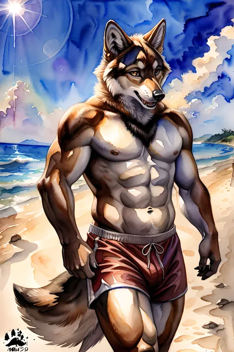 anthro wolf, swimshorts, sexy, furry body, (very muscular, heavyweight:1.2), male, masculine, 4k, high resolution, detailed, correct anatomy, cartoony proportions, (beach background, beautiful sky), (by blotch:1.1), (by chunie:0.3) detailed wolf eyes, mast...