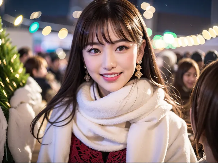 The image has、This photo has、This photo shows a young woman with a happy expression in front of a snowing Christmas tree at night。.. she is standing in front of a warm background, Shining lights that create a bokeh effect. Woman wears dress with lace detai...