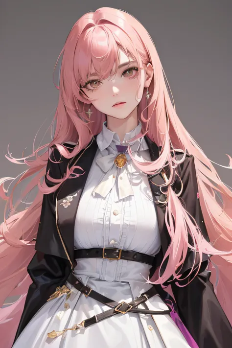 (Highest high resolution, distinct_graphic) Best quality at best, A masterpiece of women, The content is very detailed, Semi-realistic,(Most of the body),Pink Long Hair, through bangs, 18yr old, young,Black accessories,Pink-purple flight suit,stand-up coll...