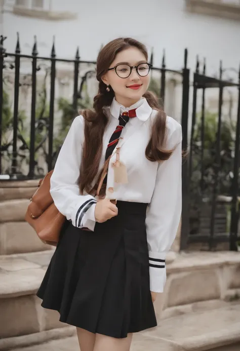 European and American middle school girls（Around 18 years old），in school uniform，ssmile，wearing school bag，Books in hand，Wears black-framed glasses，Like real people，A half body，The face is clear，It must be a European and American girl，The face should be ve...