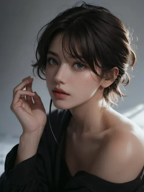 Best quality, masterpiece, ultra high res, (photorealistic:1.5), raw photo, 1girl, offshoulder, in the dark, deep shadow, low key, cold light, sexy look, short hair