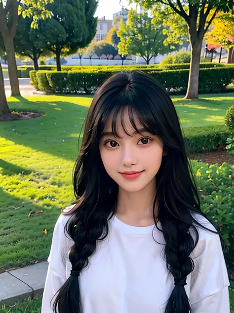 girl with１a person、18 Year old girl、cute  face、delicated face、Coquettish smile、Lustrous lips、tthin eyebrows、beautidful eyes、Very long black hair、Silky long straight hair、Thin braid、Beautiful bangs、Delicate figure、Oversized sweatshirt, a park