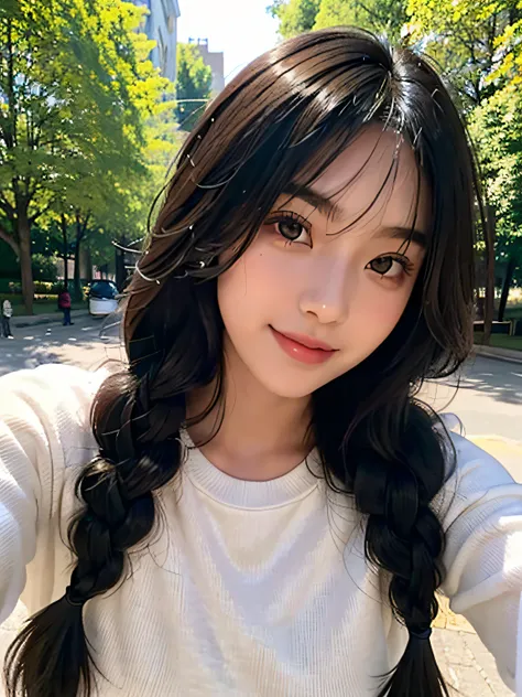 girl with１a person、18 Year old girl、cute  face、delicated face、Coquettish smile、Lustrous lips、tthin eyebrows、beautidful eyes、Very long black hair、Silky long straight hair、Thin braid、Beautiful bangs、Delicate figure、Oversized sweatshirt, a park