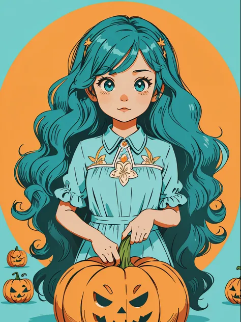 High quality design vector style image, Cute little girl s。Huge long hair。curlies。Large turquoise colored eyes。 pumpkins，Vector Image.