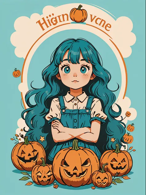 High quality design vector style image, Cute little girl s。Huge long hair。curlies。Large turquoise colored eyes。 pumpkins，Vector Image.