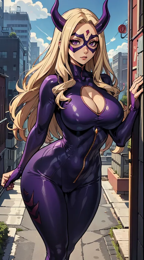 (best quality: 1.3), Mt Lady by Boku no Hero, (blonde), busty, cleavage, seductive, sexy, curvy body, big ass, boobs, (mask), (body suit), (purple horn), (city)