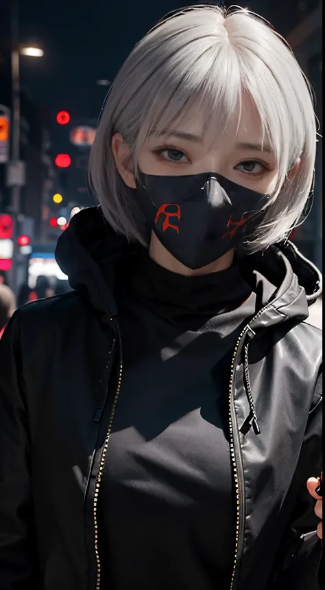 feamle kaneki ken, best quality, more details, masterpiece, 1girl , portrait, close-up, girl focus, red eyes, solo, mask, black nails, bangs, looking at viewer, hood, short hair, black background, hand up, hood up, nail polish, mouth mask, teeth, white hai...