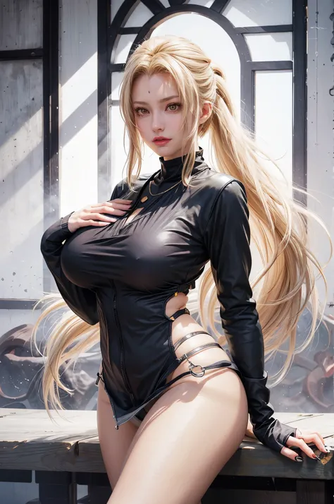 realistic, 1girls, best quality, 12k, HD, long hair, big round breasts, cleavage, ponytail, necklace, jewelry, shorts, short jacket, slim hips, hair tie, yellow eyes, yellow hair, super detailed, Detail eyes, hair details, person details, mouth details, fa...