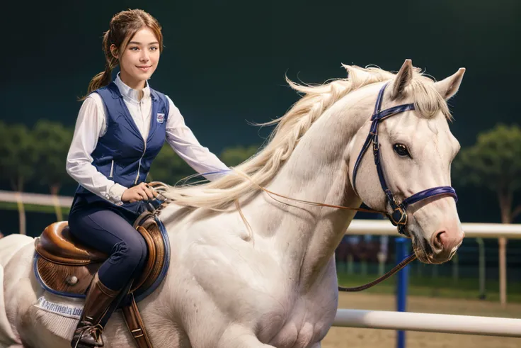 101
(a 20 yo woman,Riding on a white horse), (A hyper-realistic), (high-level image quality), ((beautiful hairstyle 46)), (I have my hair in a ponytail), (Gentle smile), (Keep your mouth shut), (ride horse、Horse racing、Equestrian competitions)