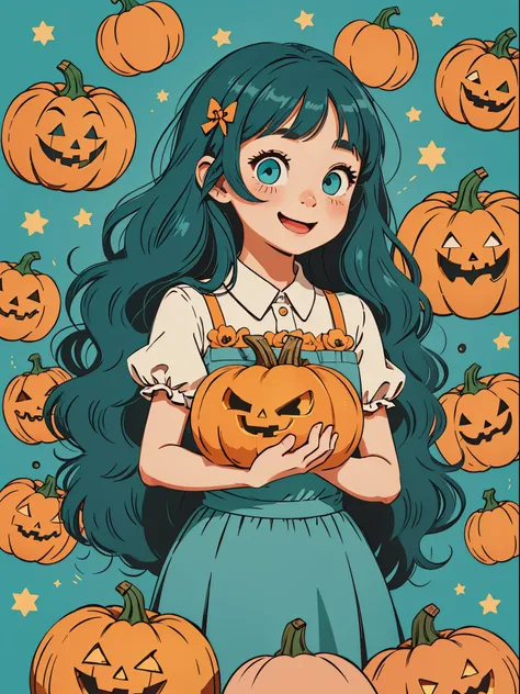 High quality design vector style image, Cute little girl s。cheerfulness，Interesting，Huge long hair。curlies。Large turquoise colored eyes。 pumpkins，Vector Image.