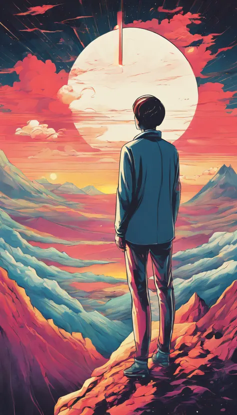 Picture of a person standing on the top of a mountain, Find the light of truth shining above, surrealism painting, Drawn in illustration and minimalist style