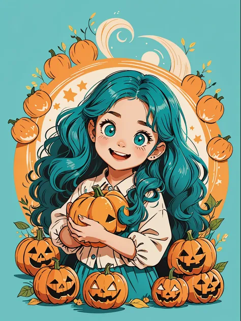 high quality design vector style image, cute little girl s。cheerfulness，interesting，huge long hair。curlies。large turquoise color...