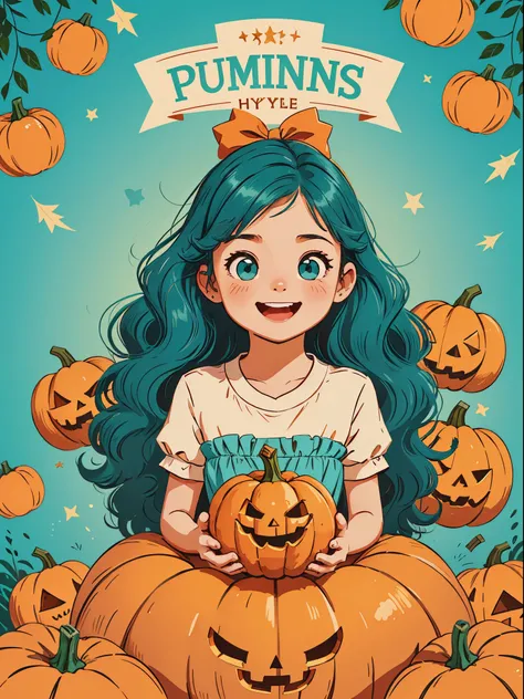 High quality design vector style image, Cute little girl s。cheerfulness，Interesting，Huge long hair。curlies。Large turquoise colored eyes。 pumpkins，Vector Image.