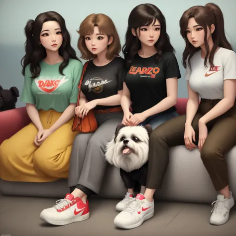 Disney pixar style poster with Disney pixar title & Carla,  com mulher de 53 anos, Japanese woman sitting on brown sofa with 3 dogs, 1 shih tzu de cor branca e caramelo de olhos pequenos, filhote, 1 lhasa apso branca e bege com orelhas compridas e mais 1 l...