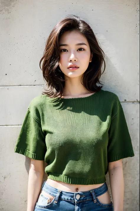 of the highest quality, 1 beautiful woman, age 28, S, 35mm lens, F/1, Cowboy Shot, Concrete background、Tile background、Perm Hair、green knitting　Shirt、Light brown