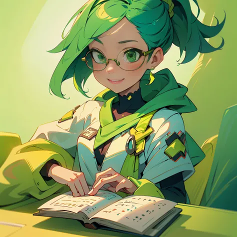 masutepiece, Best Quality, 4K, 超A high resolution, ultra-detailliert, High resolution, Ultra HD, sophisticated details, girl, Social, Instagram, Social, Smile, Cute, iphone, ponytail hair, Green hair color, Green eyes, Glasses, Intellectual, read the book,