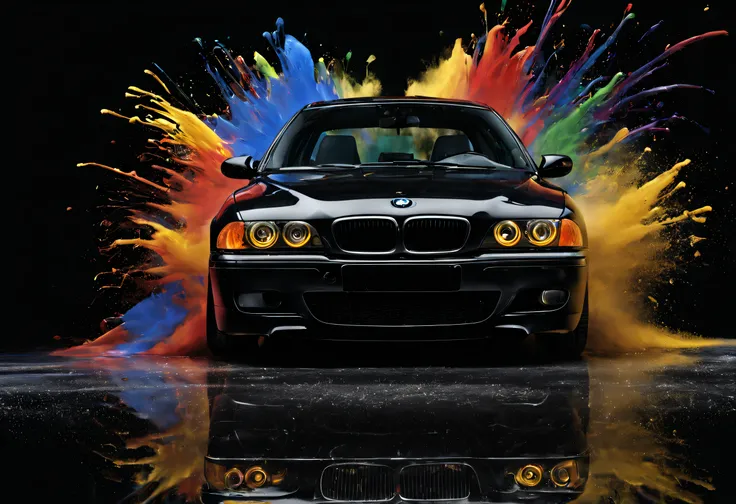 Bmw m5 e39, black background, paint exploding in the background