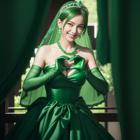 emerald tiara, Green Pearl Necklace, Boyish very short green hair, lipsticks, Japan woman smiling, very short short hair,  big breasts beautiful, Green eyes, Long green gloves made of satin material, Green eyes, Emerald Earrings, green vale, Heart with bot...