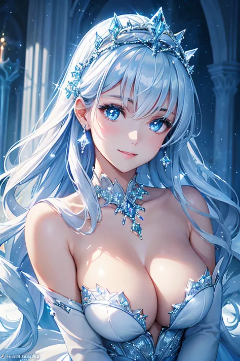 (High quality, High resolution, Fine details, Realistic), princess of ice castle, sparkling snowflakes, ethereal atmosphere, royal elegance, (dramatic lighting), elaborate crown, shimmering winter gown, graceful posture, (soft moonlight casting a mysteriou...