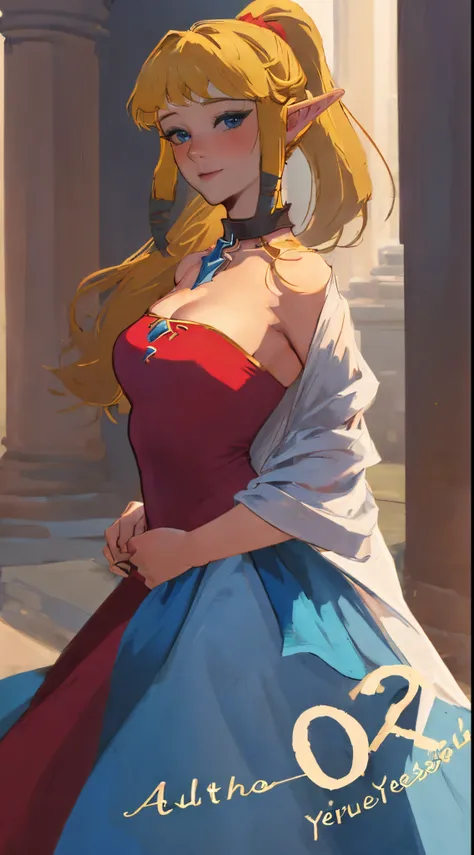 (adult:1.6)(29 years old:1.7)(masterpiece, best quality:1.2), 1girl,solo,(looking at viewer), princess, Zelda, red theme, long strapless dress, blonde hair, bare shoulders, blue eyes, palace, cowboy shot, ponytail,(blushing), (collar), (smiling:0.8),(see-t...