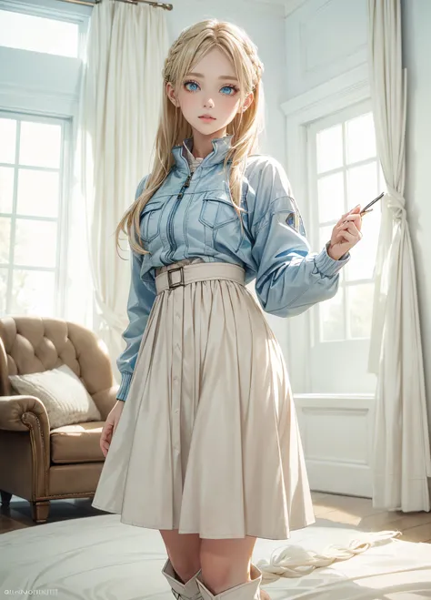 (​masterpiece),(top-quality:1.2),1girl in,(masuter piece:1.3),exquisitedetails, Highest quality 8K resolution,Vibrant colors, Soft tones, Warm atmosphere,white walls in the living room, Gentle lighting,slender white body、(camel colored plaid long skirt),(w...