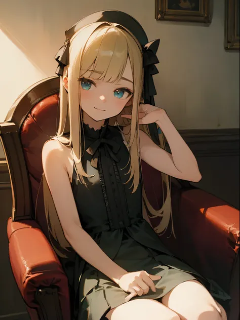 Reines, 1girl, high quality, best quality, illustration, masterpiece, (highly detailed:1.2), (extremely detailed:1.3), flat chest, sleeveless, string ribbon, young girl, petite, loli, in a house, sitting on chair, innocent smile, specular lighting, moistur...