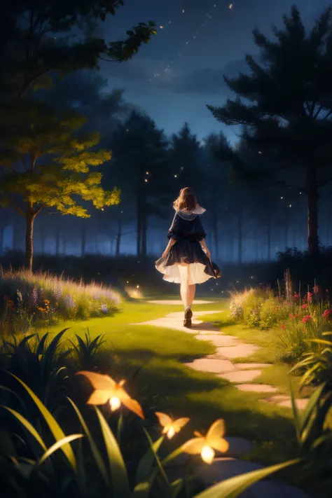 (8K, top-quality, tmasterpiece: 1.2), (actual, realistically: 1.37), super detailing, one-girl, wide viewing angle, Firefly Garden, Lots of little lights and fireflies flying around, natta