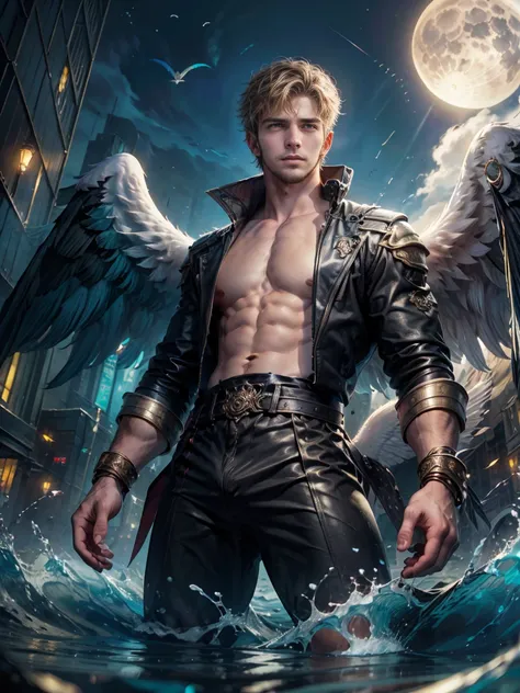 ((1man)) 18-year-old angel male, (( leather clothes)), ((not shirt)), (( with many majestic wings)), (( in the background cyberpunk city with full moon)), ((1 man)), (( 1 man)), (( 8K high-definition portrait of an 18-year-old angel man, (( angel with seve...