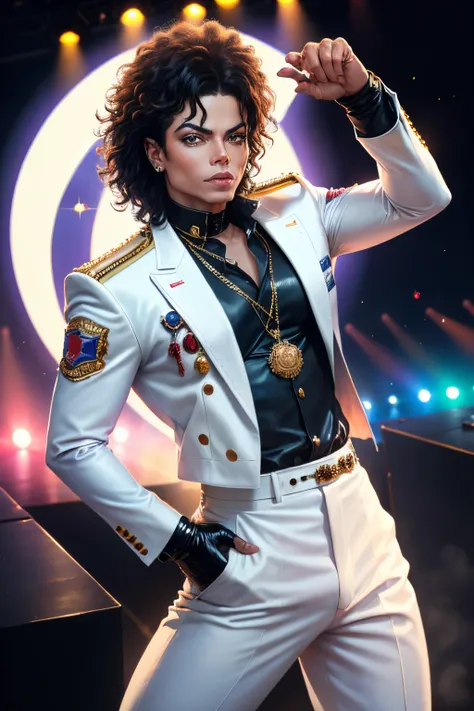 "Micheal Jackson, legendary entertainer, iconic dance moves, mesmerizing stage presence, iconic white glove, moonwalk, energetic performance, soulful voice, timeless music, pop music legend." Looking like a badass packing heat ready to save children all ov...