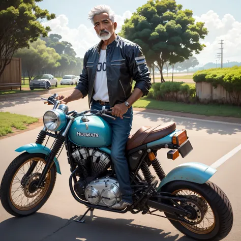 Um homem barbeado, de 50 anos ,numa moto custom na estrada , com roupa de boiadeiro , homem sem barba cabelos grisalhos , chapeu de boiadeiro cearense, estilo Disney