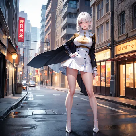 Gorgeous woman with perfect face, white haired, uniform style, flirting eyes, perfect breasts, stand on the street, full body, nice leg, ultra detailed, (Masterpiece: 1.1), (Best Quality: 1.0), (Ultra HD: 1.0), (8k Resolution: 1.2)