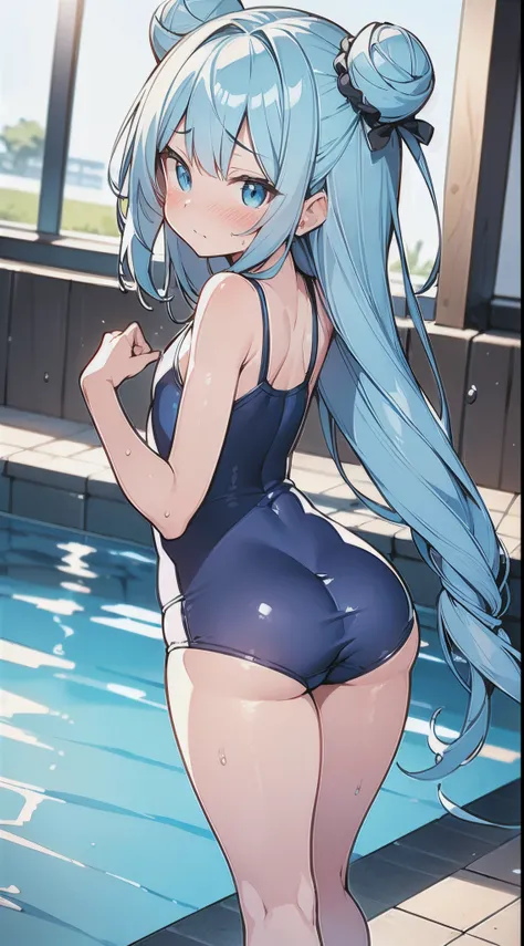 (masutepiece), of the highest quality, Expressive eyes, Perfect face, (Illustration: 1.4),
 (loli: 1.3, 12 years old: 1.3), (Very long light blue hair: 1.3, double bun), (flat chest: 1.3, curvy:1.1), (drooping eyes: 1.5, Blue eyes), (embarrassed),
(school ...