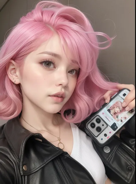 curly girl with pink hair holding a cell phone in her hand, com cabelo rosa, menina bonito com cabelo rosa curto, flowing pink hair, anime vibes, cabelo rosa, long flowing pink hair, Ulzzang, E - Menina, e-menina, cabelo liso rosa, cabelo rosa claro com ch...