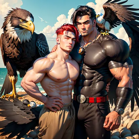 Big hero with mussels that have a big dog with red eye next to him and a eagle on his arm