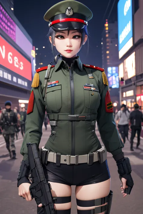 cyber punk perssonage。female pervert，in a soldier uniform，Wear a smart brain，Red pupil，holding a double gun，