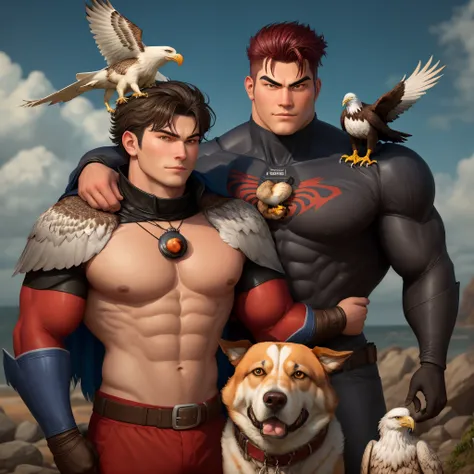 A big hero with mussels and a big dog with red eyes next to him and a eagle on his shoulder.