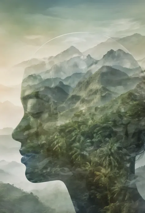 Dubrec style，closeup of face，Jungle mountains image foreground，（multiple exposure：1.8），Complex illustrations in surrealist art style，Surreal dreams