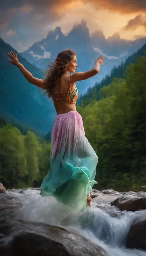 High mountains and flowing water，a young girl dancing