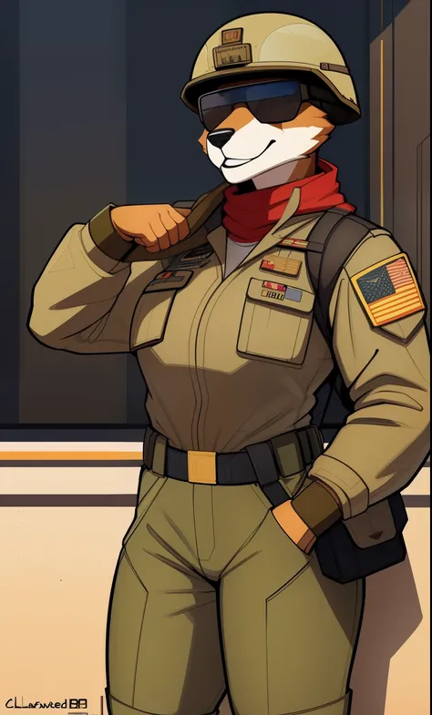 Mature_red_heeler 40_yo female khaki_furry_body brown_eyes military_pilot_outfit military_pilot_helmet sunglasses solo Masterpiece best_quality absurdres highly_detailed cleanly_drawn_eyes anthro_only by_claweddrip, by_greasymojo, by_underscore-b, by_runaw...