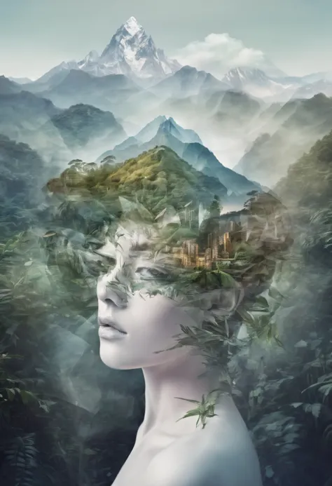 Dubrec style，Transparent face close-up，Jungle mountains image foreground，（multiple exposure：1.8），Complex illustrations in surrealist art style，Surreal dreams