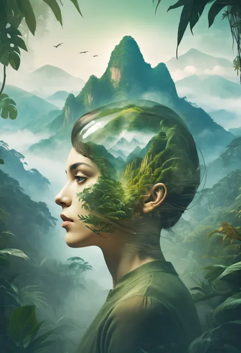 Dubrec style，Transparent face close-up，Jungle mountains image foreground，（multiple exposure：1.8），Complex illustrations in surrealist art style，Surreal dreams