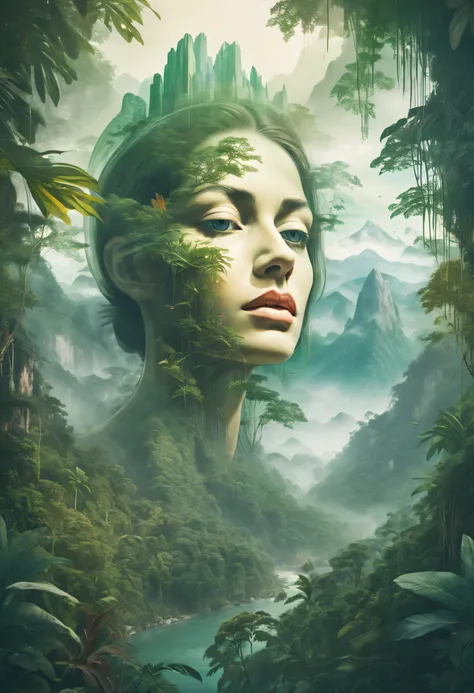 Dubrec style，Transparent face close-up，Jungle mountains image foreground，（multiple exposure：1.8），Complex illustrations in surrealist art style，Surreal dreams