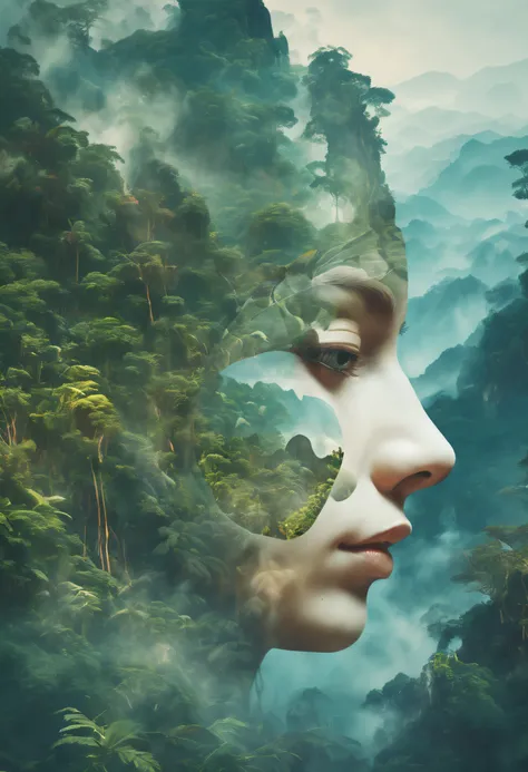 Dubrec style，Transparent face close-up，Jungle mountains image foreground，（multiple exposure：1.8），Complex illustrations in surrealist art style，Surreal dreams