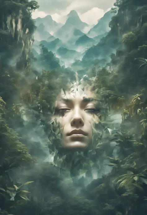 Dubrec style，Transparent face close-up，Jungle mountains image foreground，（multiple exposure：1.8），Complex illustrations in surrealist art style，Surreal dreams