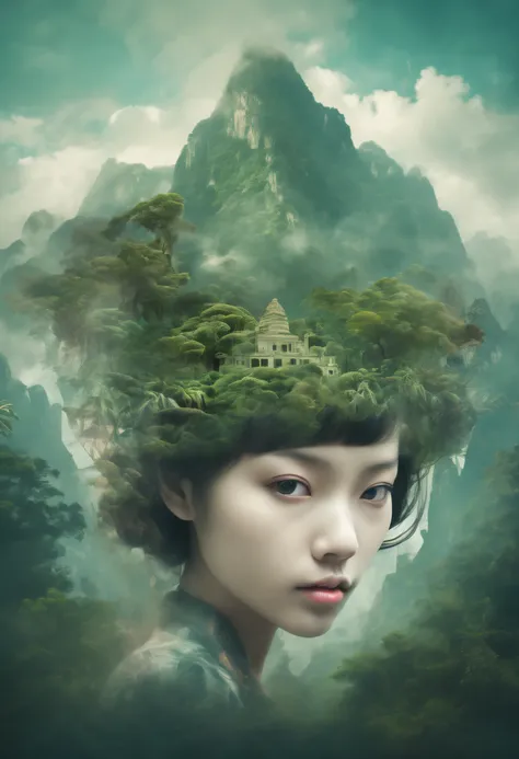 Dubrec style，Girl head portrait，Jungle mountains image foreground，（multiple exposure：1.8），Complex illustrations in surrealist art style，Surreal dreams