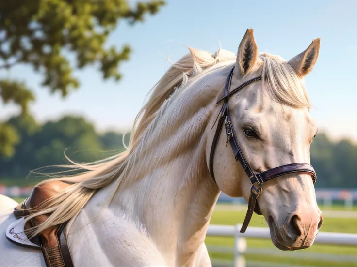 101
(a 20 yo woman,Riding on a white horse), (A hyper-realistic), (high-level image quality), ((beautiful hairstyle 46)), (I have my hair in a ponytail), (Gentle smile), (Keep your mouth shut), (ride horse、Horse racing、Equestrian competitions)