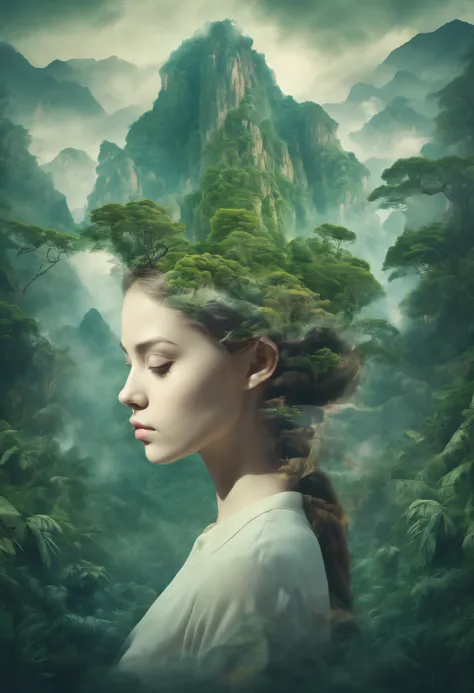 Dubrec style，Girl head portrait，Jungle mountains image foreground，（multiple exposure：1.8），Complex illustrations in surrealist art style，Surreal dreams