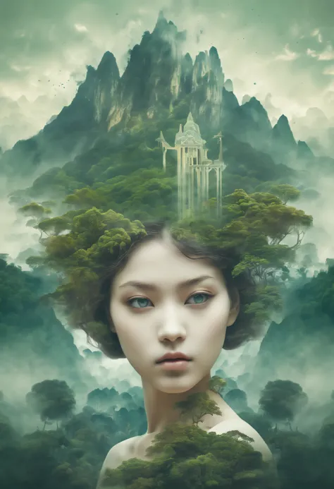 Dubrec style，Girl head portrait，Jungle mountains image foreground，（multiple exposure：1.8），Complex illustrations in surrealist art style，Surreal dreams