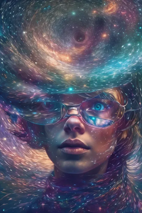 （multiple exposure：1.8），Dubrec style，Girl virtual holographic digital avatar，Futuristic magnificent starry sky image foreground，psychedelic starry sky，In space，Complex illustrations in surrealist art style，Surreal dreams，Become an invisible virtual hologra...